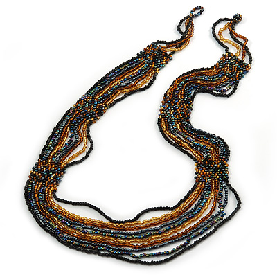 Long Multistrand Glass Bead Necklace (Black, Grey, Gold and Brown) - 100cm L