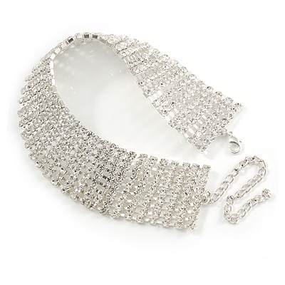 Statement 9 Row Clear Crystal Choker Necklace In Silver Tone - 28cm L/ 10cm Ext