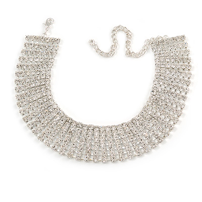 Statement 7 Row Clear Crystal Choker Necklace In Silver Tone - 27cm L/ 11cm Ext