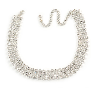 Statement 4 Row Clear Crystal Choker Necklace In Silver Tone - 29cm L/ 12cm Ext - main view
