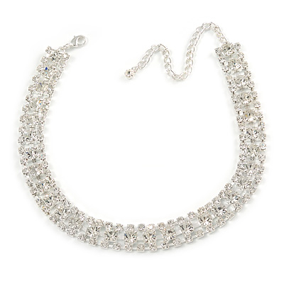Statement Clear Crystal Choker Necklace In Silver Tone Metal - 30cm L/ 10cm Ext