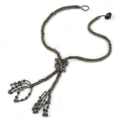 Grey Metallic Glass Bead Tassel Necklace - 50cm L/ 13cm L Tassel