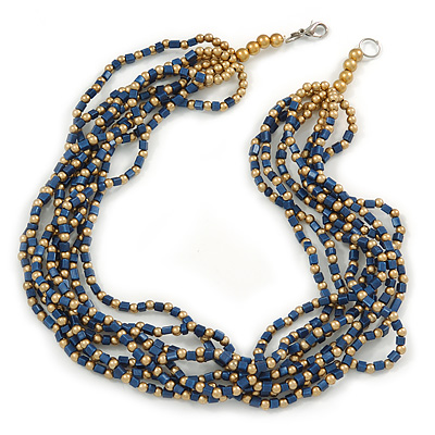 Multistrand Dark Blue/ Gold Acrylic Bead Necklace - 45cm L
