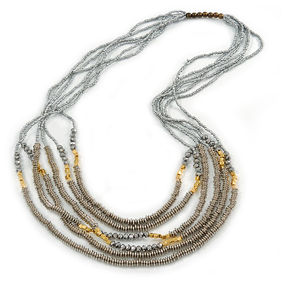 Light Grey, Metallic Silver, Gold Glass and Acrylic Bead Multistrand Necklace - 80cm L - main view