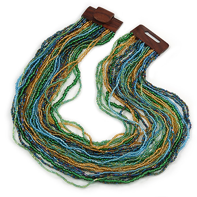 Light Blue/ Gold/ Green Glass Bead Multistrand, Layered Necklace With Wooden Square Closure - 60cm L