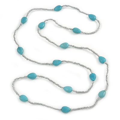 Long Turquoise Stone and Metallic Silver Glass Bead Necklace - 118cm L