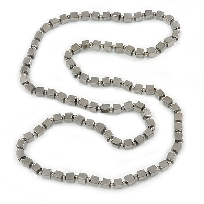 Silver Tone Mirrored Glass Square Bead Long Necklace - 88cm L