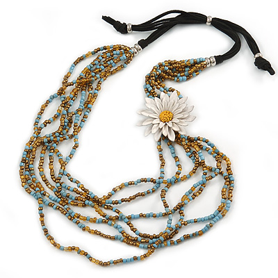 Light Blue/ Gold Glass Bead with White Leather Flower Black Sued Cord Multistrand Necklace - 90cm L