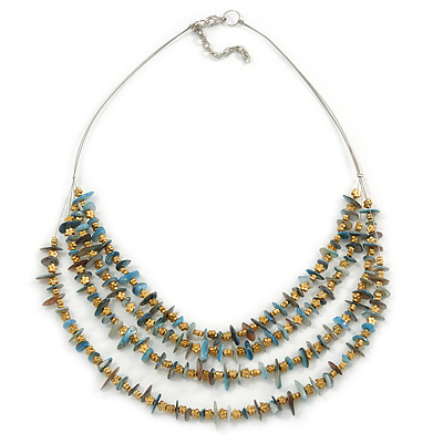 Multistrand Pale Blue Shell Nugget and Gold Tone Flower Bead Wired Necklace In Silver Tone - 60cm L/ 5cm Ext - main view