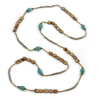 Long Turquoise Stone, Shell Nugget/ Glass Bead Necklace - 130cm L