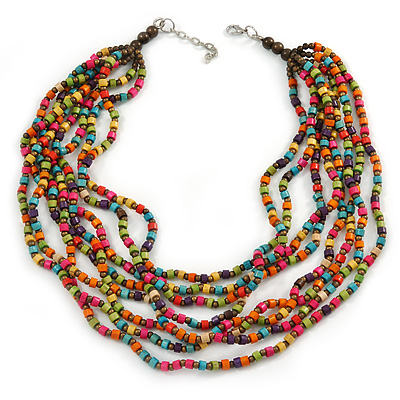 Multicoloured, Layered Multistrand Wood Bead Necklace - 68cm L/ 5cm Ext - main view