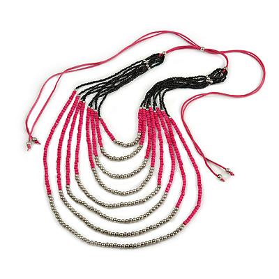 Long Multistrand, Layered Deep Pink Wood/ Black Glass Bead Necklace with Pink Suede Cord - Adjustable - 110cm/ 140cm L