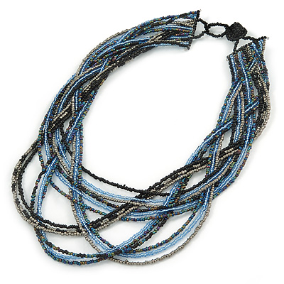 Black/ Silver/ Blue Multistrand Bib Style Necklace - 50cm L