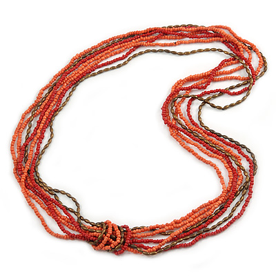 Long Multistrand Pink Salmon, Coral and Bronze Glass/ Acrylic Bead Necklace - 90cm L - main view