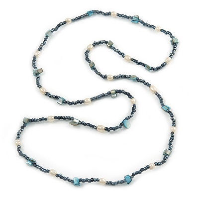 Hematite Glass Bead, Freshwater Pearl and Shell Nugget Long Necklace - 108cm L - main view