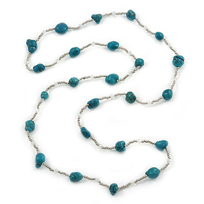 Long Turquoise Stone and Silver Tone Acrylic Bead Necklace - 118cm L