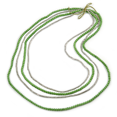 4 Strand Multilayered Pea Green Ceramic and Silver Tone Acrylic Bead Necklace - 110cm L