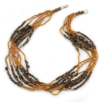Multistrand Glass/ Acrylic Bead Necklace (Gold, Brown) - 59cm L