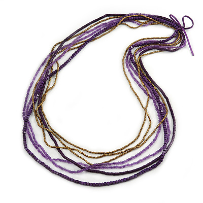 Long Multistrand Deep Purple/ Bronze Wood, Glass Bead Necklace - 100cm L