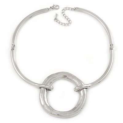 Ethnic Silver Plated Hammered Circle Pendant Bar Necklace - 42cm L/ 8cm Ext
