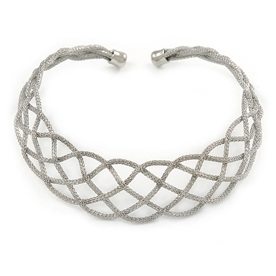 Silver Tone Textured Plaited Choker Necklace - Adjustable