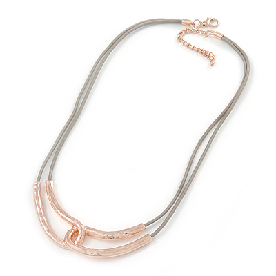 Hammered Double Loop Pendant with Beige Leather Cords Necklace In Rose Gold Tone - 40cm L/ 7cm Ext