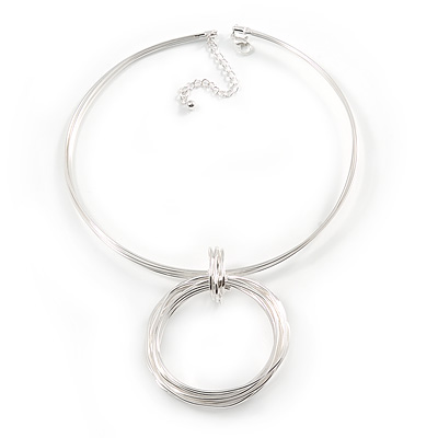 Light Silver Tone Multi Wire with Open Cut Round Pendant Necklace - 44cm L/ 7cm Ext