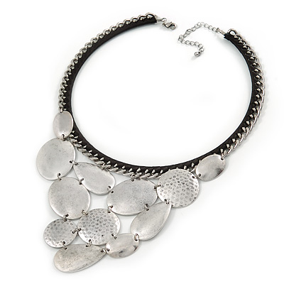 Statement Bib Style Choker Necklace with Black Ribbon In Silver Tone - 45cm L/ 5cm Ext