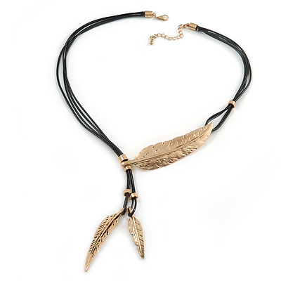 Vintage Inspired Gold Tone Feather Pendant with Black Waxed Cords - 50cm L/ 4cm Ext