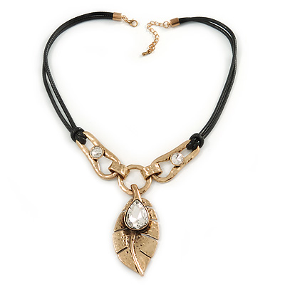 Vintage Inspired Leaf Pendant with Black Waxed Cords In Antique Gold Tone - 44cm L/ 5cm Ext - main view