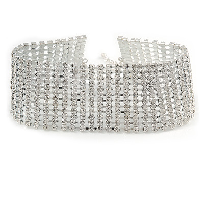 Statement 12 Row Clear Crystal Choker Necklace In Silver Tone - 29cm L/ 12cm Ext