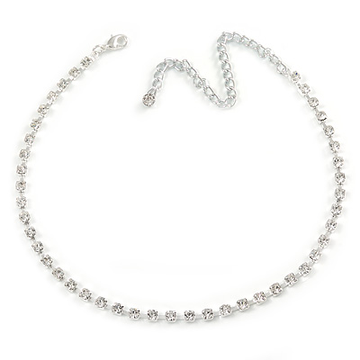 Single Row Clear Crystal Choker Necklace In Silver Tone Metal - 30cm L/ 11cm Ext