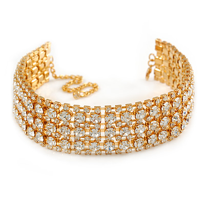 Statement Clear Crystal Choker Necklace In Gold Tone - 28cm L/ 12cm Ext