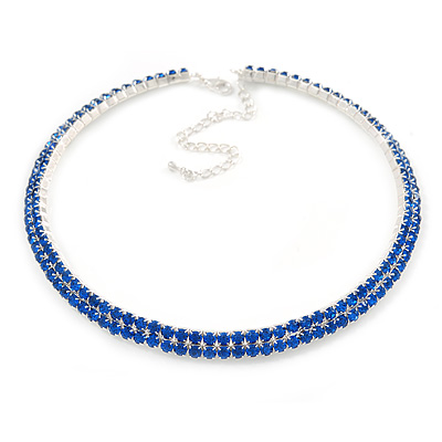 2-Row Sapphire Blue Austrian Crystal Choker Necklace In Silver Tone Metal - 38cm L/ 10cm Ext