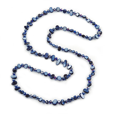 Long Inky Blue Shell Nugget and Glass Crystal Bead Necklace - 110cm L