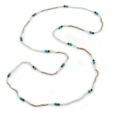 Extra Long Glass, Acrylic Bead Necklace (Teal, Transparent, Silver) - 160cm L
