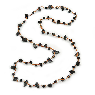Black Ceramic Bead, Grey Glass Nugget Orange Cotton Cord Long Necklace - 90cm L