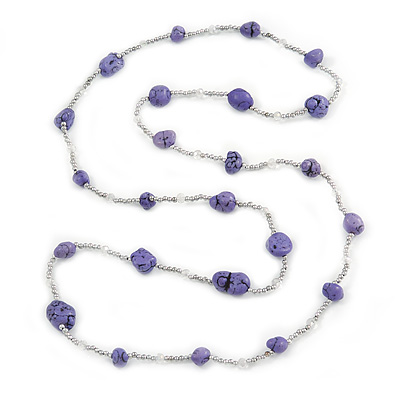 Long Purple Stone and Silver Tone Acrylic Bead Necklace - 118cm L