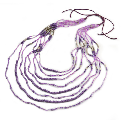 Long Multistrand Lavender, Pink, Plum Glass Bead Suede Cord Necklace - Adjustable - 140cm Max