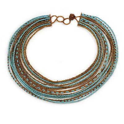 Multistrand Wired Glass Bead Necklace (Light Blue, Bronze) - 60cm L/ 3cm Ext