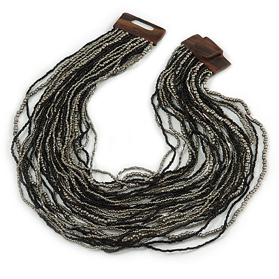 Black, Hematite Glass Bead Multistrand, Layered Necklace With Wooden Square Closure - 64cm L