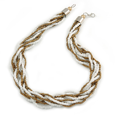 White, Bronze Gold Glass Bead Multistrand Twisted Necklace - 47cm L
