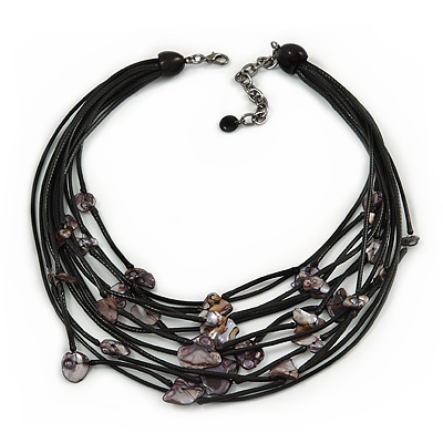 Statement Floating Shell Mutlistrand Black Waxed Cords Necklace - 54cm L/ 8cm Ext - main view
