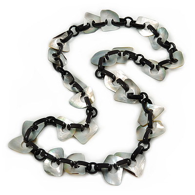 Statement Mother Of Pearl Elements with Black Oval Resin Rings Long Necklace - 104cm L - main view