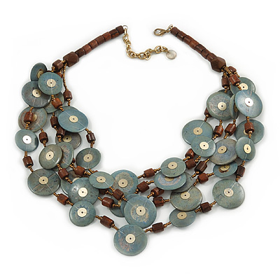 Ethnic Multistrand Wood Dusty Blue Coin Necklace - 50cm L/ 8cm Ext