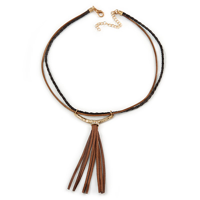 Tribal Brown/ Black Leather Style Necklace with Suede Tassel - 42cm L/ 7cm Ext/ 10cm Tassel