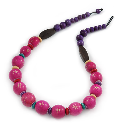 Fuchsia/ Purple Wood Bead Necklace - 58cm L