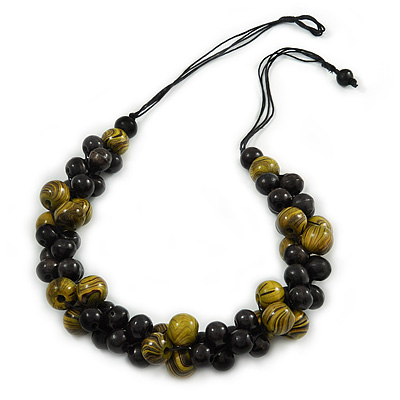 Black/ Olive Cluster Wood Bead Black Cotton Cord Necklace - 80cm L