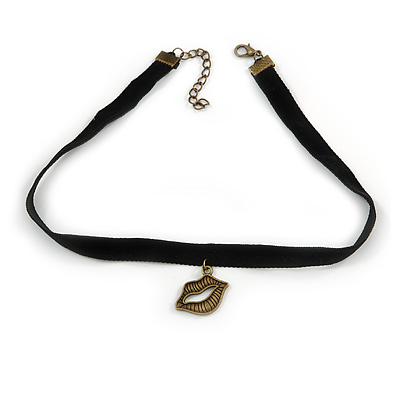 Black Velour Choker Necklace with Bronze Tone Lips Pendant - 34cm L/ 4cm Ext