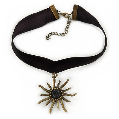 Black Velour Choker Necklace with Bronze Tone Star Pendant - 30cm L/ 6cm Ext - main view